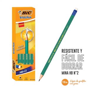 LAPIZ GRAFITO BIC EVOLUTION HB #2 CAJA 12UN CON GOMA