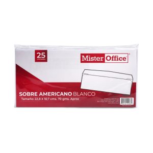 SOBRE AMERICANO BLANCO 70GR 25UN MISTER OFFICE