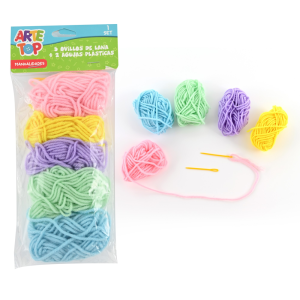 LANA ESCOLAR 5 COL PASTELES + 2 AGUJAS ARTE-TOP